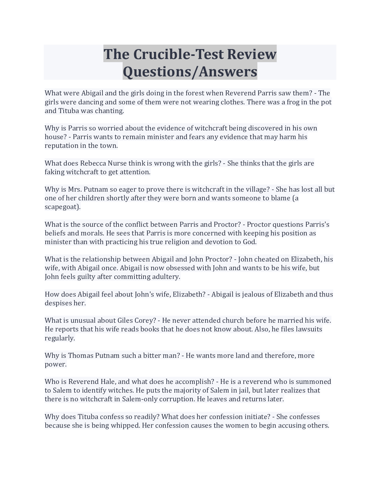 Preview image for The Crucible-Test Review Questions/Answers_Latest Update